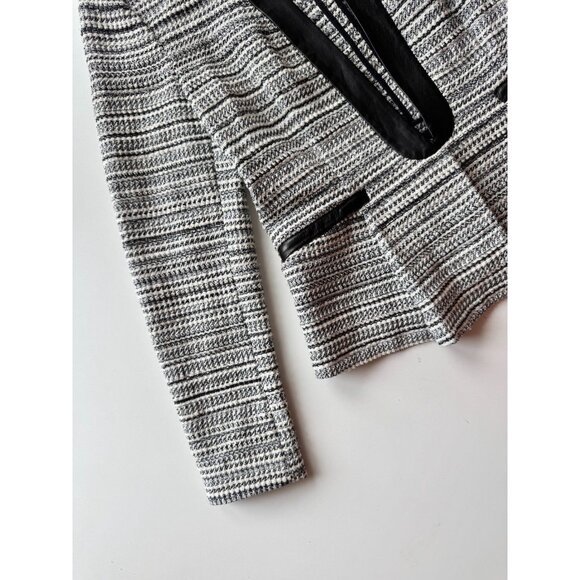 REBECCA TAYLOR Grey Striped Cotton Tweed Leather Trim Peplum Blazer, Size 6 - Picture 8 of 16